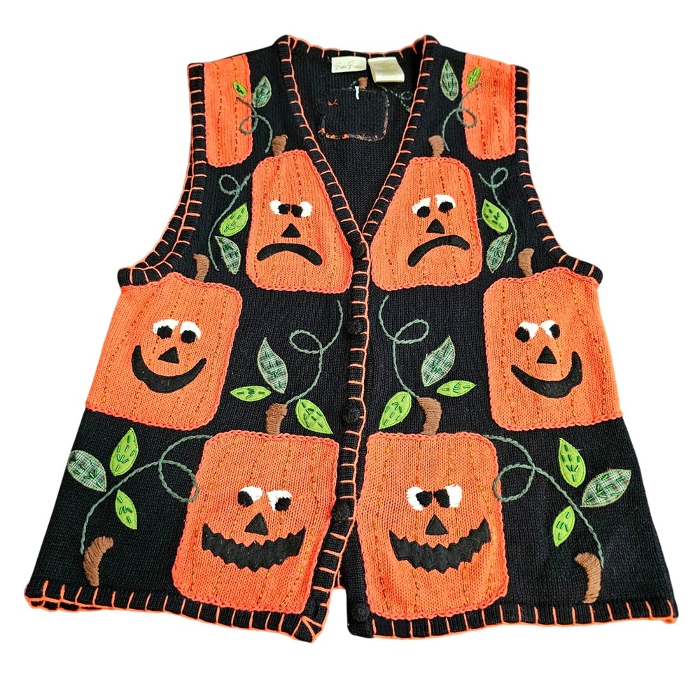 Vintage 1990s Halloween Emotional Pumpkin Knit Vest Black Bobbie Brooks Medium